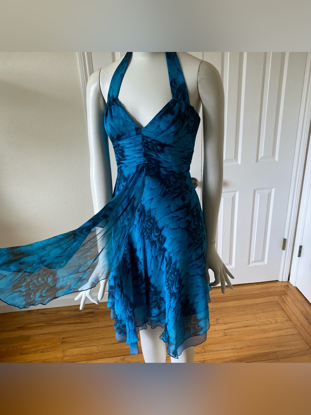 Vintage Laundry by Shelli Segal 100% Silk Blue & Black Watercolor Halter Dress 4 - Picture 5 of 14